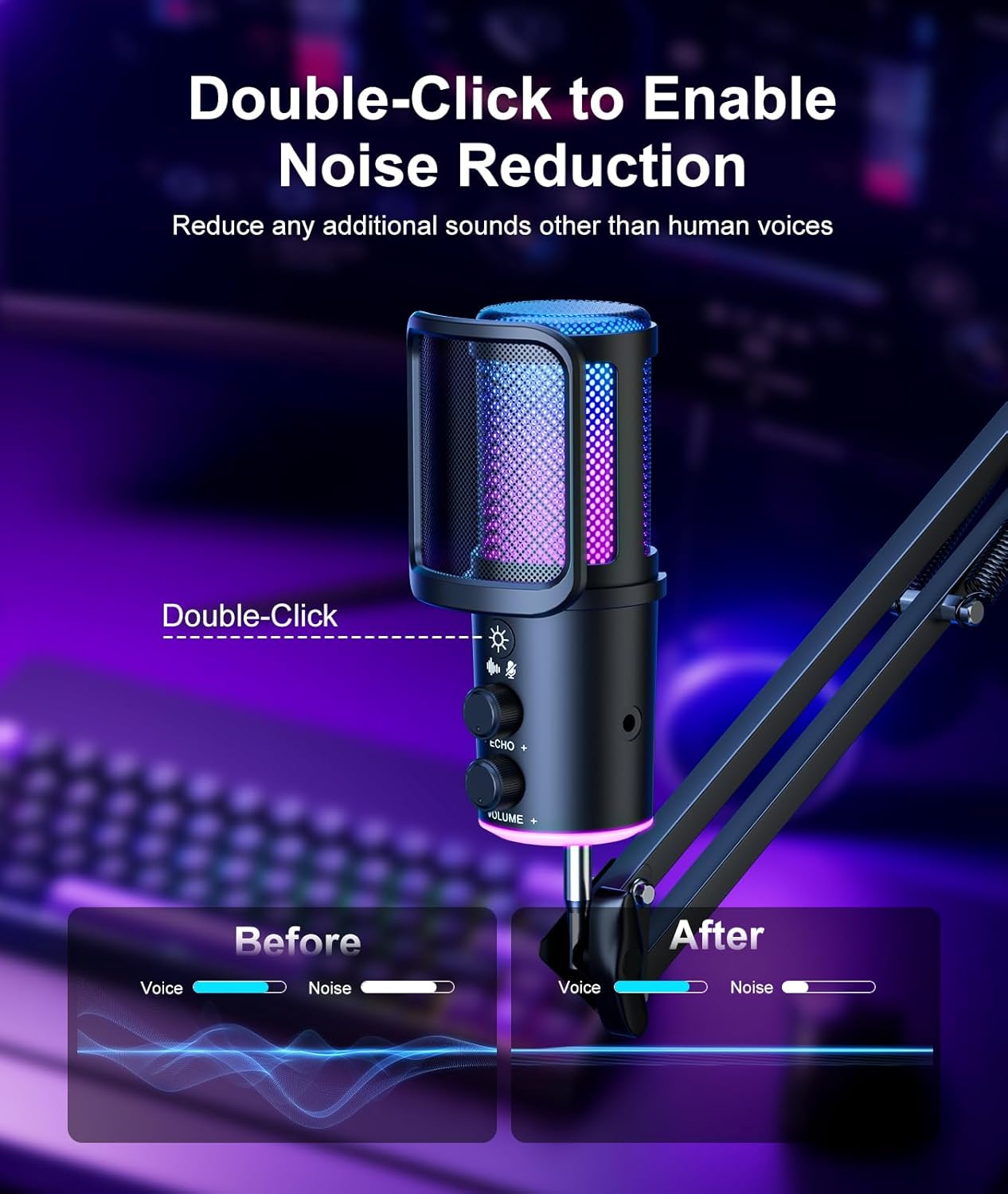USB Microphone, Noise Cancellation Condenser Mic with Mute,Boom Arm Mic-Reverb Adjustment, Monitoring for Streaming, Podcasting, Discord