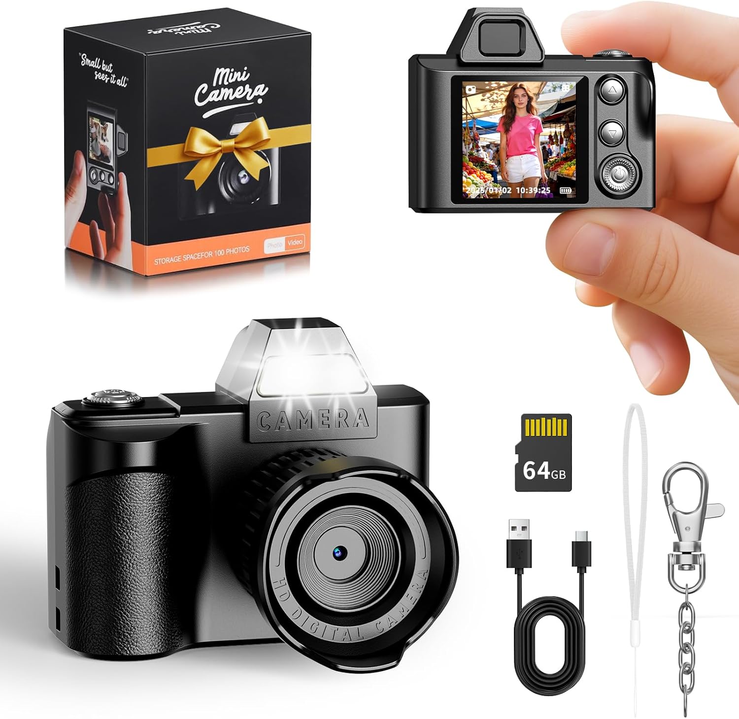 Mini Keychain Digital Camera - 1080P HD Video & 64GB Card Small Tiny Retro Camera, 1.3'' HD Screen Camera for Travel Study Recording