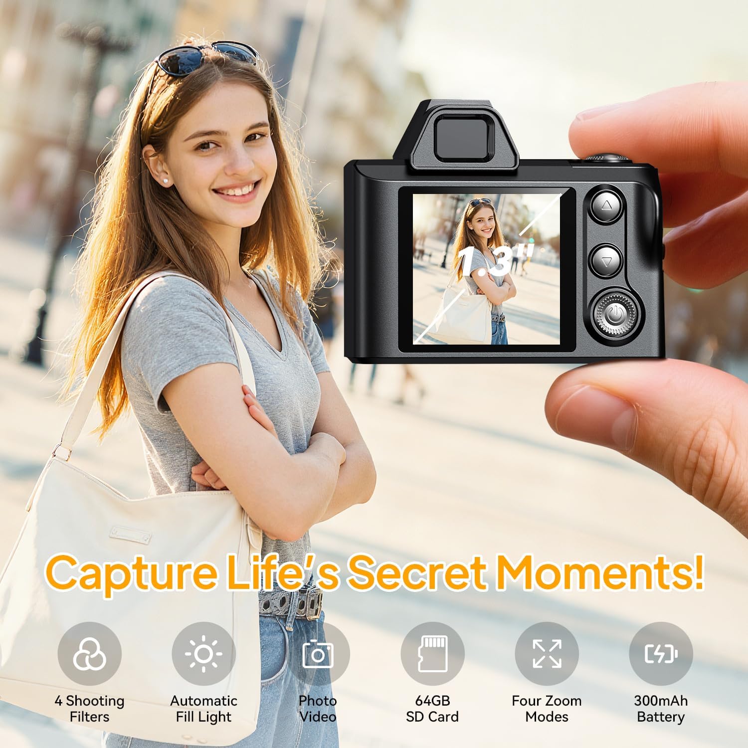 Mini Keychain Digital Camera - 1080P HD Video & 64GB Card Small Tiny Retro Camera, 1.3'' HD Screen Camera for Travel Study Recording