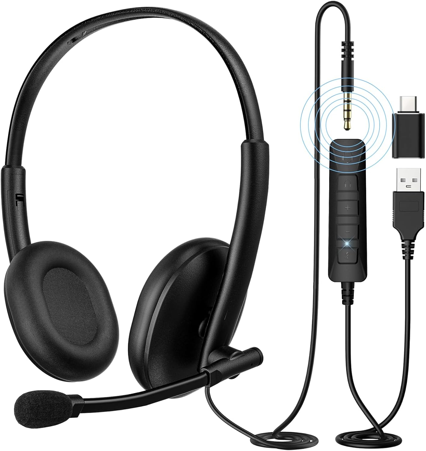 USB Headset with 290° Rotating Noise-Canceling Microphone, USB-A/Type C/ 3.5mm Wired Lightweight Office Headphone with Mute Button & Volume