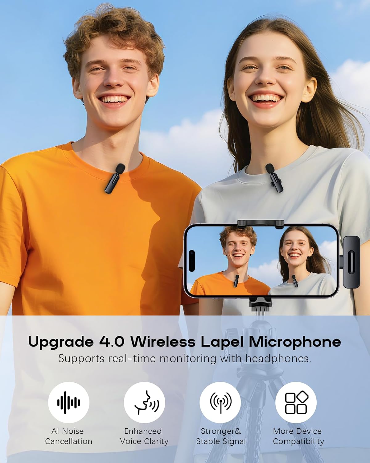 Wireless Mini Microphone for iPhone, Android - 2 Pack Lavalier Microphone for Video Recording, 2 In 1 Noise Reduction Lapel Mic for Ipad