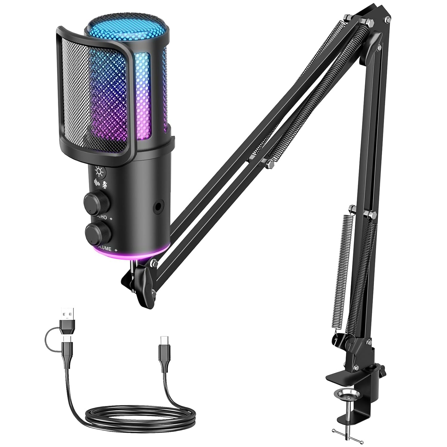 USB Microphone, Noise Cancellation Condenser Mic with Mute,Boom Arm Mic-Reverb Adjustment, Monitoring for Streaming, Podcasting, Discord