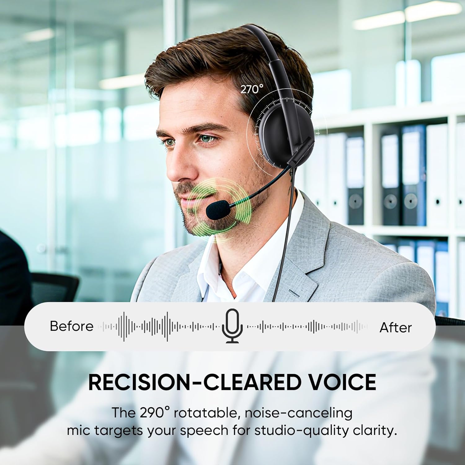 USB Headset with 290° Rotating Noise-Canceling Microphone, USB-A/Type C/ 3.5mm Wired Lightweight Office Headphone with Mute Button & Volume