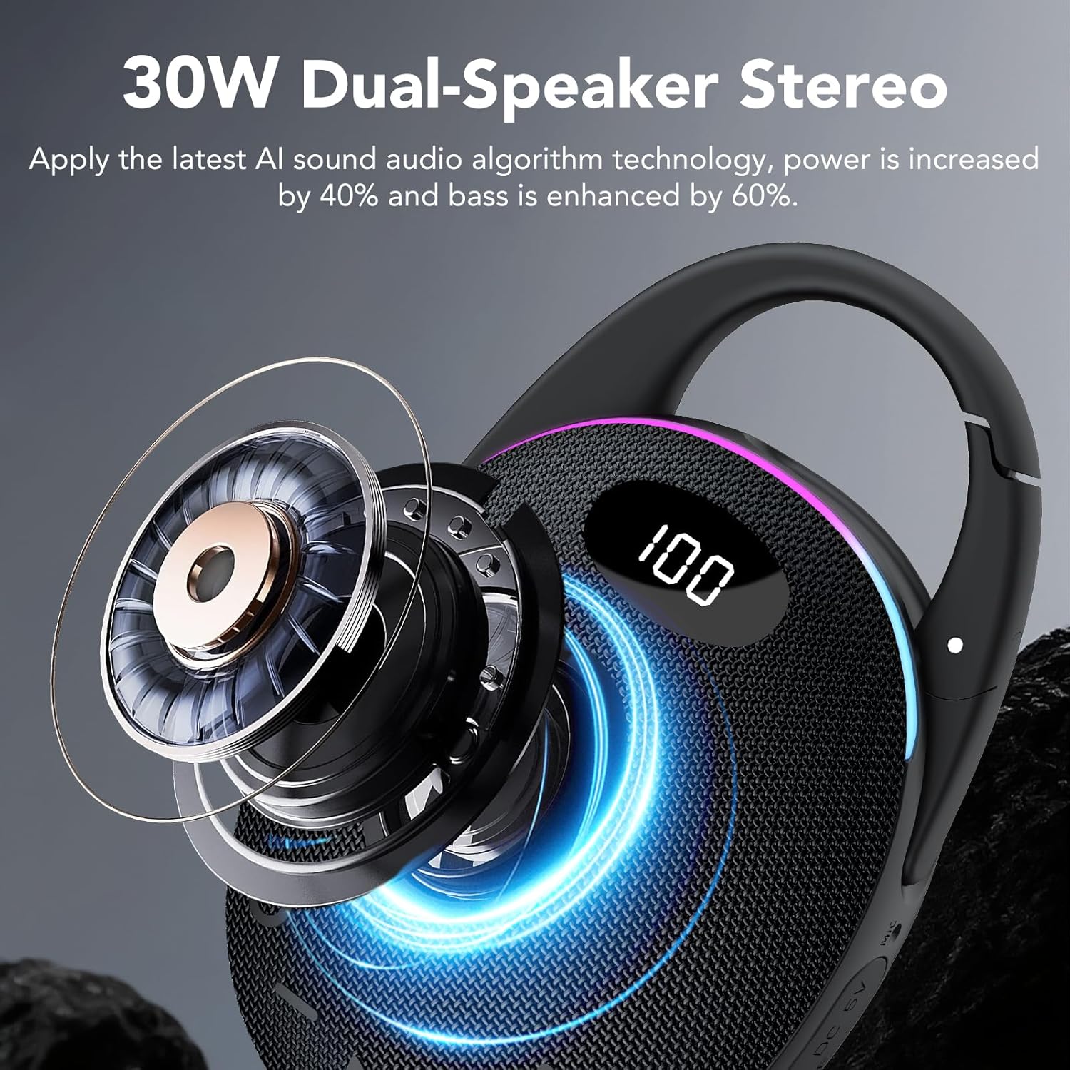 Portable Mini Bluetooth Speaker with HD Sound, LED Power Display, Big Pro Sound with Punchy Bass,Integrated Carabiner, 25H Playtime, Colorful RGB Lights